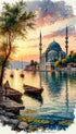 Gün Batımında Boğaz ve Tarihi Cami Manzarası Sanat Baskısı, İstanbul Temalı Suluboya Tablo ve Huzur Veren Klasik Duvar Dekoru