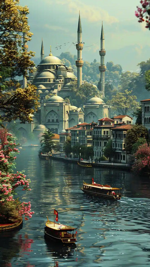 Boğazda Tarihi Cami ve Kayıklar Manzarası Sanat Baskısı, İstanbul’un Yeşil Doğası ve Sakin Suları ile Klasik Duvar Dekoru