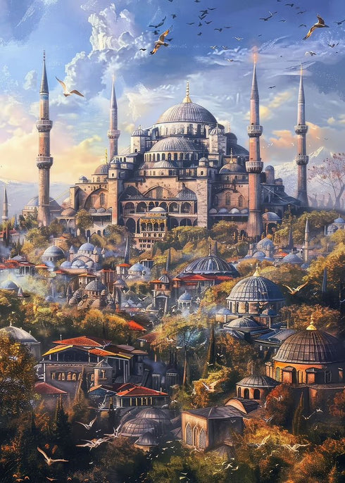 Ayasofya ve Tarihi İstanbul Silüeti Sanat Baskısı, Kubbe ve Minarelerle Osmanlı Mimarisi, Masalsı Şehir Manzarası Duvar Dekoru