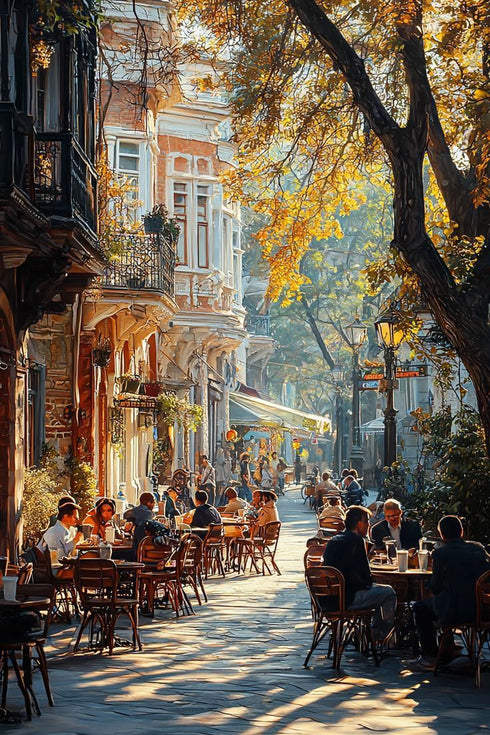 Sonbaharda İstanbul Kafe Sokağı Sanat Baskısı, Tarihi Binalar Arasında Gün Işığı ve Nostaljik Şehir Yaşamı Duvar Dekoru