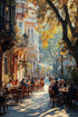 Sonbaharda İstanbul Kafe Sokağı Sanat Baskısı, Tarihi Binalar Arasında Gün Işığı ve Nostaljik Şehir Yaşamı Duvar Dekoru
