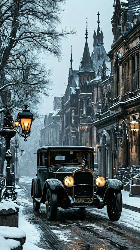 Karlı Sokakta Klasik Araba Sanat Baskısı, Gotik Mimarili Tarihi Şehirde Kış Atmosferi ve Vintage Duvar Dekoru