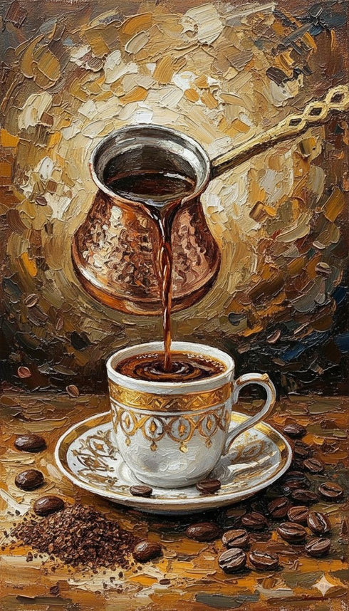 Türk Kahvesi Ritüeli Yağlı Boya Sanat Baskısı, Cezveden Fincana Akan Kahve ile Geleneksel ve Sıcak Duvar Dekoru