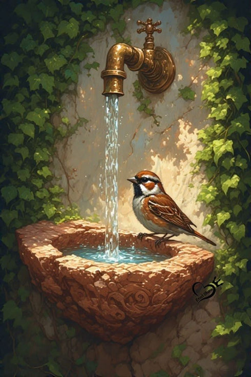 Taş Çeşme ve Serçe Kuşu Sanat Baskısı, Doğal Bahçe Sahnesi ve Akan Su ile Huzur Veren Masalsı Duvar Dekoru