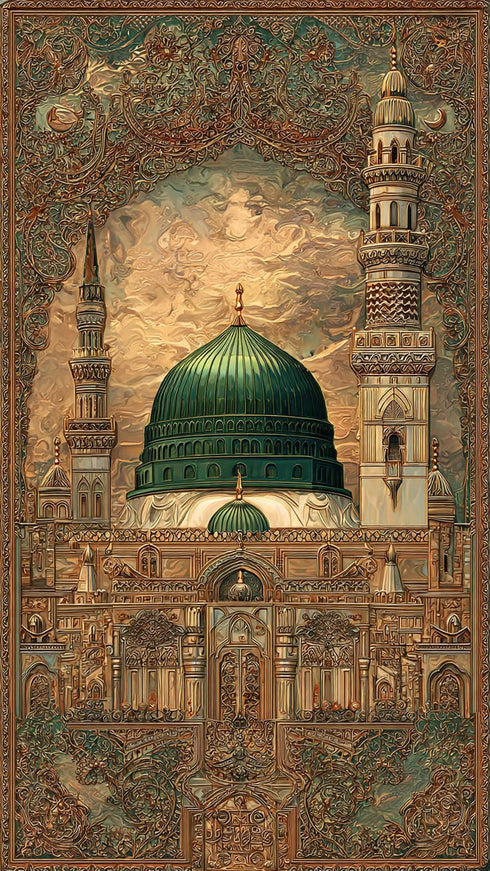 Mescid-i Nebevi Yeşil Kubbe Osmanlı Desenli Kanvas Tablo – İslami Sanat Motifli Dini Duvar Dekoru, Medine Temalı Salon Tablosu