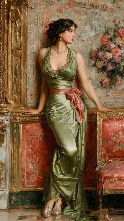 Zarif Kadın Figürü ve Klasik Salon Sanat Baskısı, Yeşil Saten Elbise ile Vintage Asalet, Romantik ve Zamansız Duvar Dekoru