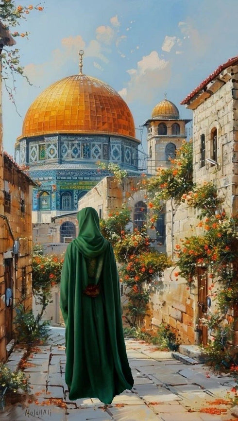 Kubbetüs Sahra ve Mescid-i Aksa Manzaralı Kanvas Tablo – Kudüs Temalı İslami Duvar Dekoru, Dini ve Manevi Atmosferli Salon Tablosu