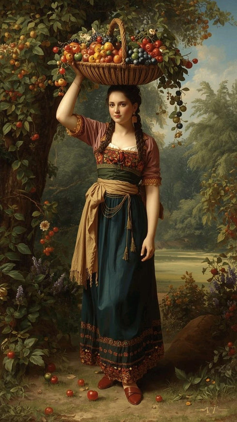Meyve Sepeti Taşıyan Kırsal Kadın Sanat Baskısı, Doğal Bereket ve Geleneksel Yaşam Temalı Klasik Yağlı Boya Stil Duvar Dekoru
