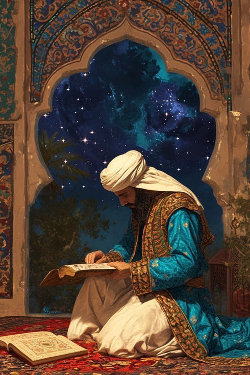 Kur’an-ı Kerim Okuyan Alim Kanvas Tablo – Gece Yıldızlı Gökyüzü Temalı İslami Duvar Dekoru, Dini ve Manevi Sanat Eseri