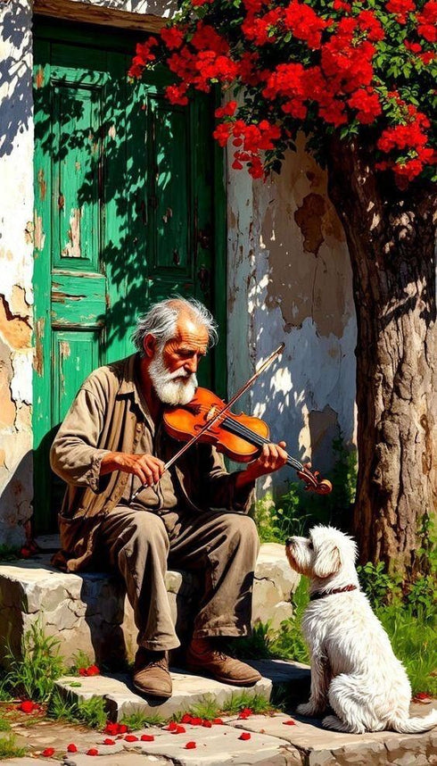 Kemancı Yaşlı Adam ve Sadık Köpek Suluboya Sanat Baskısı, Nostaljik Köy Sahnesi ve Doğal Işıklarla Duygusal Duvar Dekoru