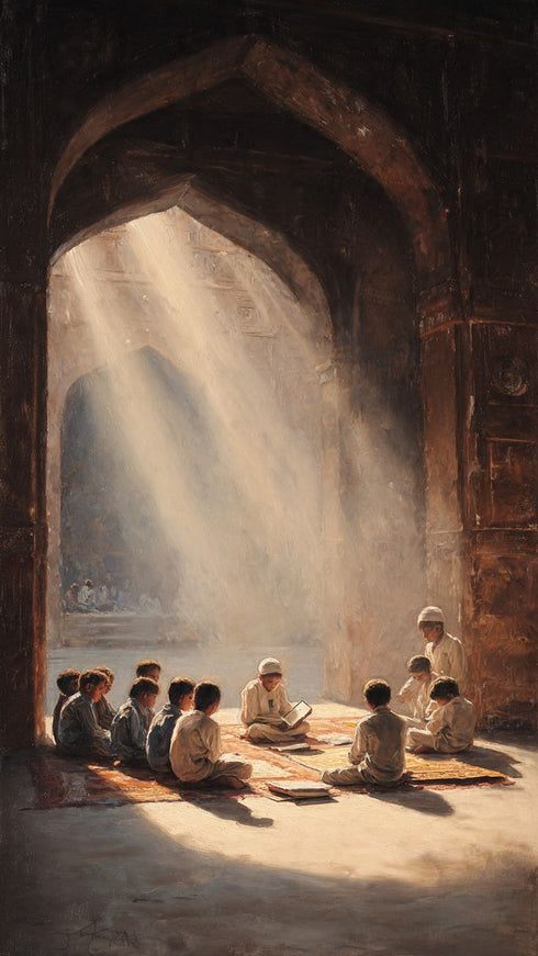 Kur’an Öğrenen Çocuklar Kanvas Tablo – Cami İçinde Manevi Eğitim Temalı İslami Duvar Dekoru, Dini ve Huzur Veren Salon Tablosu