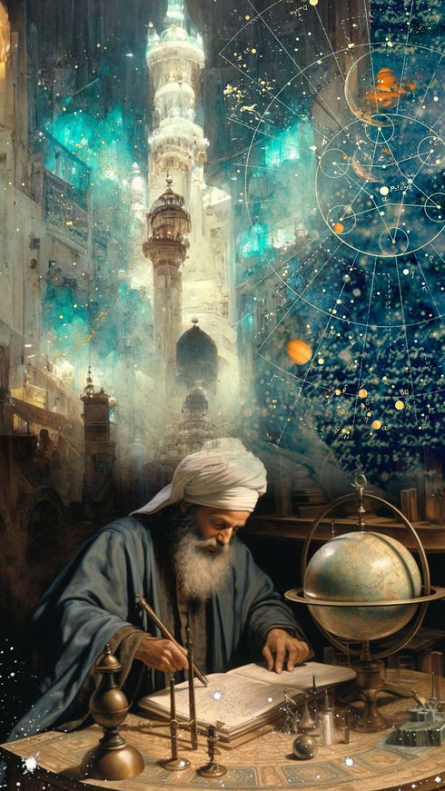 İslam Alimi ve Astronomi Çalışması Kanvas Tablo – Bilim ve İlim Temalı İslami Duvar Dekoru, Dini ve Manevi Sanat Eseri