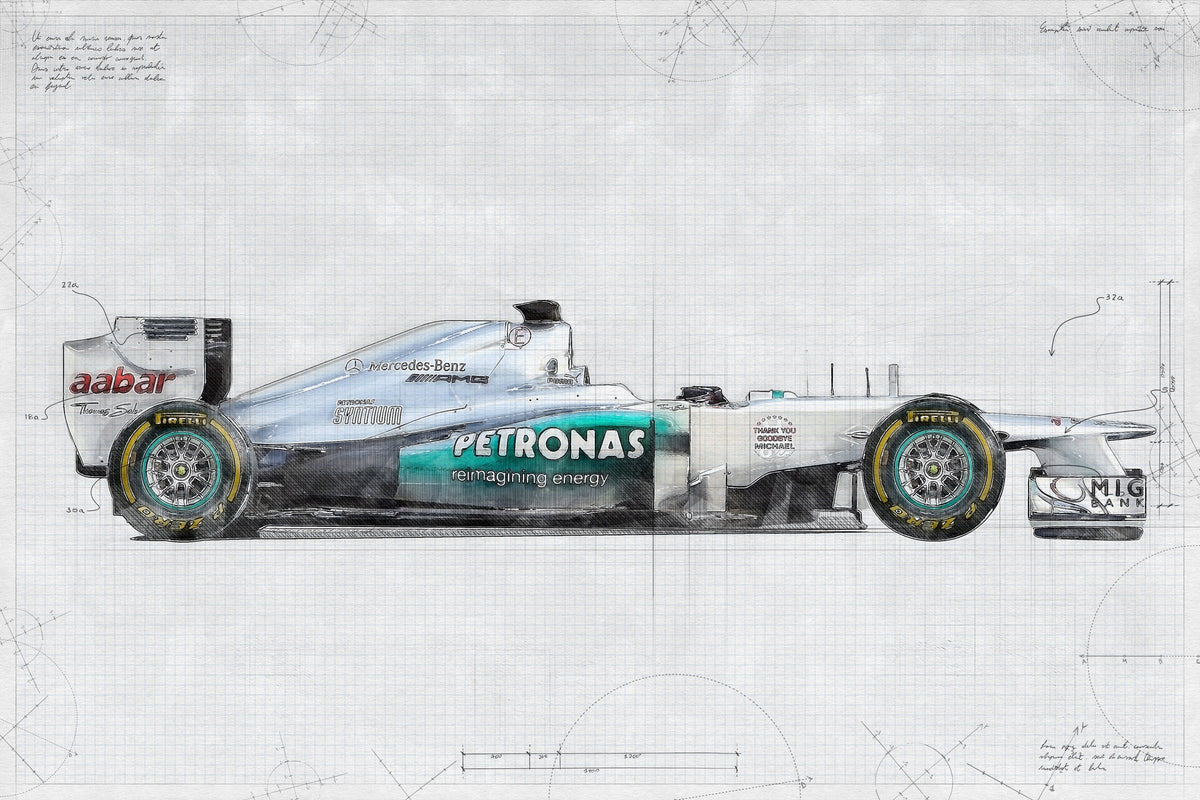 Mercedes F1 Teknik Çizim No.1 Yatay Kanvas Tablo