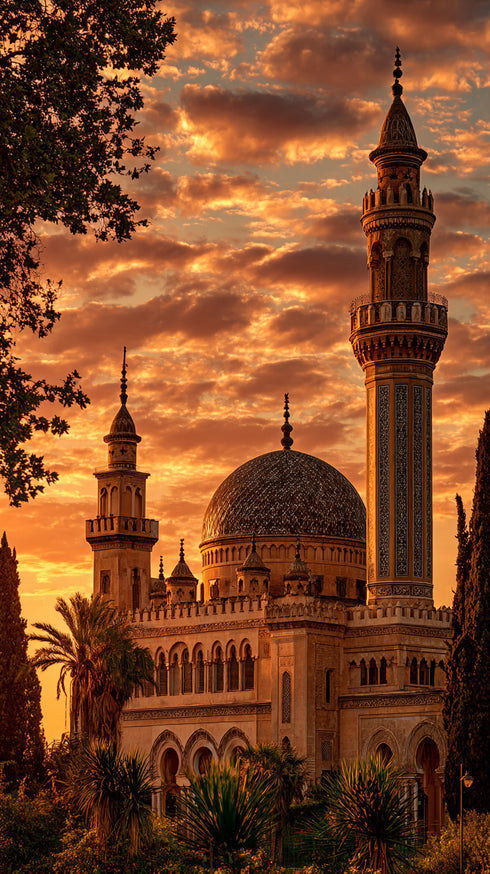 Gün Batımında Tarihi Cami ve Minare Kanvas Tablo – Altın Gökyüzü Temalı İslami Duvar Dekoru, Dini ve Manevi Salon Tablosu