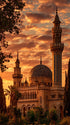 Gün Batımında Tarihi Cami ve Minare Kanvas Tablo – Altın Gökyüzü Temalı İslami Duvar Dekoru, Dini ve Manevi Salon Tablosu