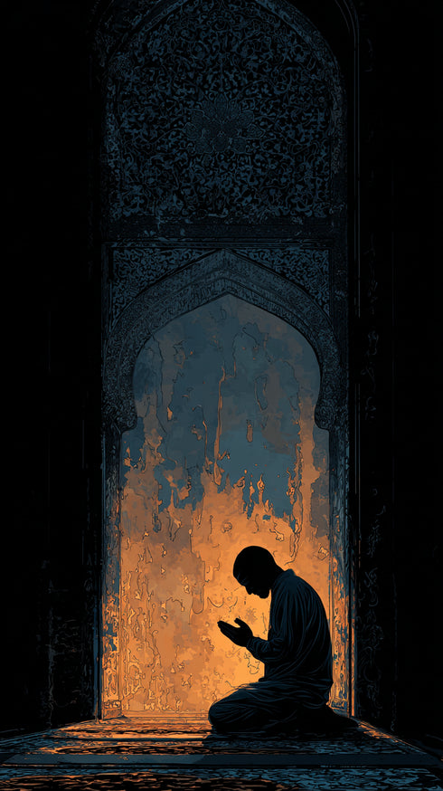 Mihrab Önünde Dua Eden Müslüman Silüeti Kanvas Tablo – Işık ve Gölge Temalı İslami Duvar Dekoru, Manevi ve Dini Salon Tablosu