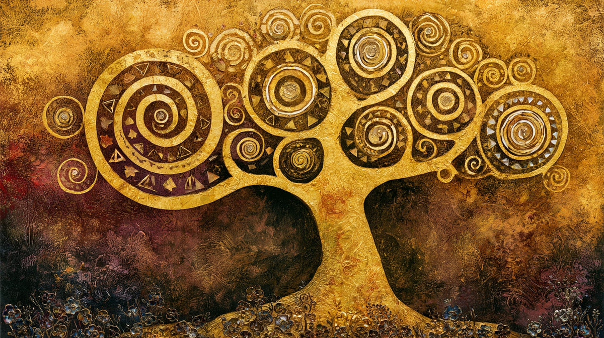 Altın Spiralli Hayat Ağacı Art Nouveau No.1 Yatay Kanvas Tablo