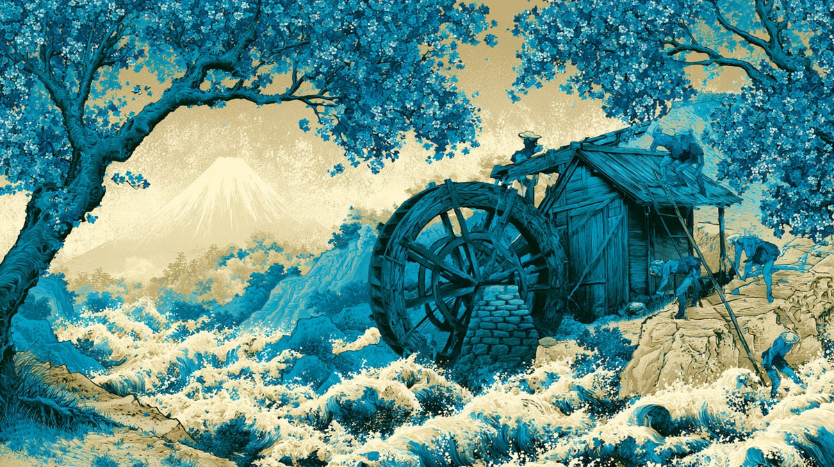 Su Değirmeni ve Dalgalar Ukiyo-e No.1 Yatay Kanvas Tablo