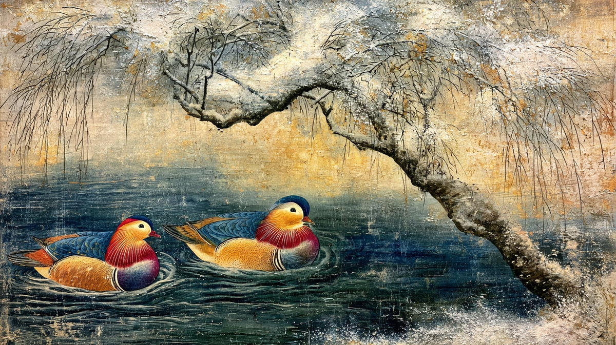 Söğüt Altında Mandarin Ördekleri Yatay Kanvas Tablo