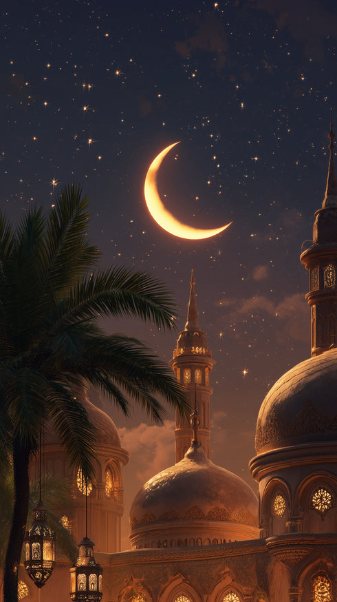 Hilal ve Yıldızlı Gece Camii Manzarası Kanvas Tablo – Ramazan Temalı İslami Duvar Dekoru, Dini ve Manevi Salon Tablosu