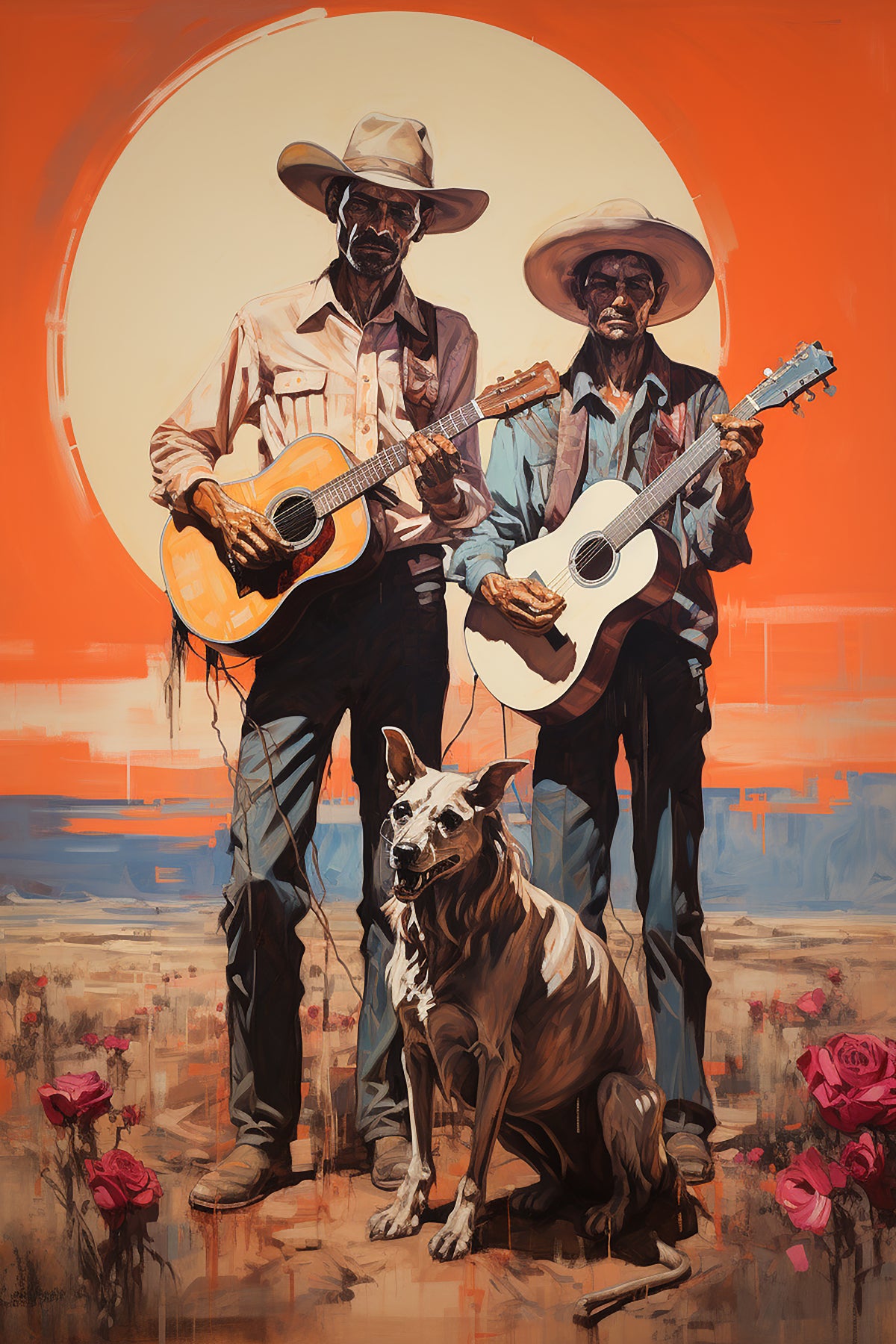 Köpekli Kovboy Müzisyenler Country Gitar Kanvas Tablo