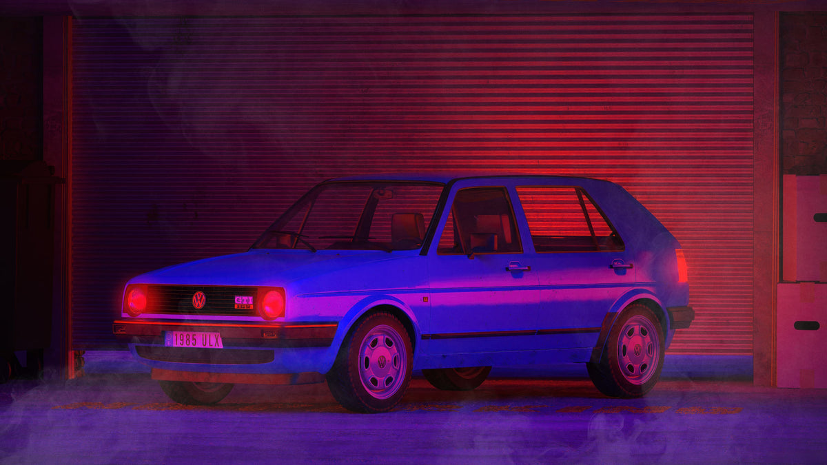 Neon Işıklı Klasik Hatchback Yatay Kanvas Tablo