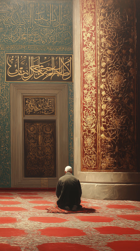 Cami İçinde Dua Eden Mümin Kanvas Tablo – Altın Varak Detaylı İslami Duvar Dekoru, Dini ve Manevi Salon Tablosu