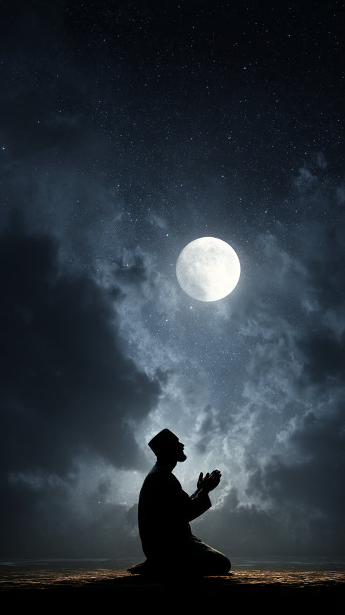 Dolunay Altında Dua Eden Müslüman Silüeti Kanvas Tablo – Gece ve Yıldız Temalı İslami Duvar Dekoru, Dini ve Manevi Salon Tablosu