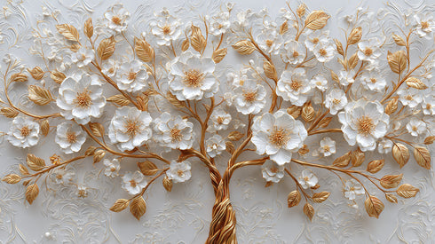 Altın Dallı Beyaz Çiçekli Ağaç Tablosu Lüks Kabartmalı Modern Kanvas Duvar Dekoru, Salon Yatak Odası İçin Büyük Boy Tablo