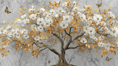 Mermer Zeminli Altın Yapraklı Beyaz Çiçekli Ağaç Tablosu Kelebekli Lüks Modern Kanvas Duvar Dekoru Salon İçin