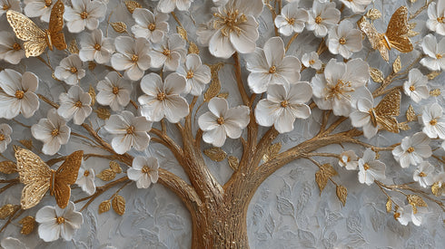 Altın Kelebekli Beyaz Çiçekli Ağaç Tablosu Kabartmalı Lüks Modern Kanvas Duvar Dekoru, Salon Yatak Odası İçin Şık Tablo