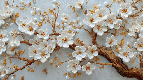 Altın Dallı Beyaz Çiçekli Ağaç Dalı Tablosu Kabartmalı Lüks Modern Kanvas Duvar Dekoru Salon Yatak Odası İçin Şık Tasarım