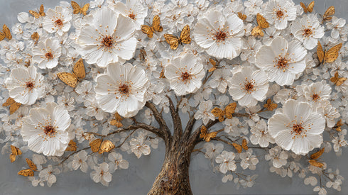 Altın Kelebekli Beyaz Çiçekli Ağaç Tablosu Kabartmalı Lüks Modern Kanvas Duvar Dekoru Salon ve Oturma Odası İçin Şık Tasarım