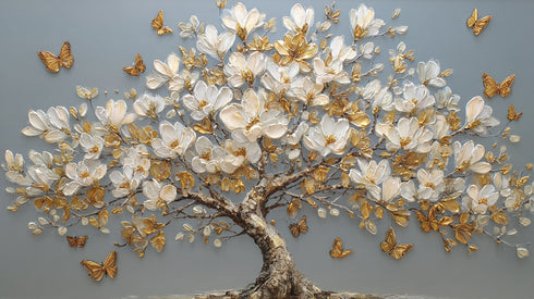 Altın Kelebekli Beyaz Manolya Ağacı Tablosu Lüks Modern Kanvas Duvar Dekoru Salon Yatak Odası ve Oturma Odası İçin Şık Tasarım