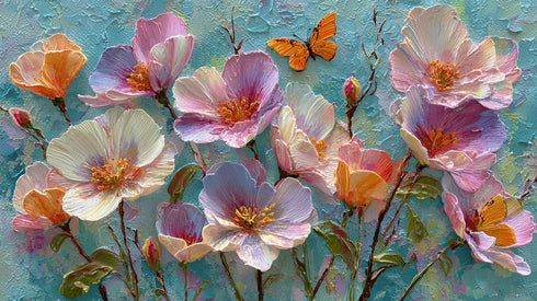 Turkuaz Zeminli Renkli Çiçekler ve Kelebek Tablosu Modern Soyut Kanvas Duvar Dekoru Salon Yatak Odası İçin Canlı Tasarım