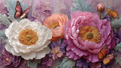 Pembe ve Beyaz Şakayık Çiçekli Kelebekli Tablo Romantik Vintage Kanvas Duvar Dekoru Salon Yatak Odası İçin Zarif Tasarım