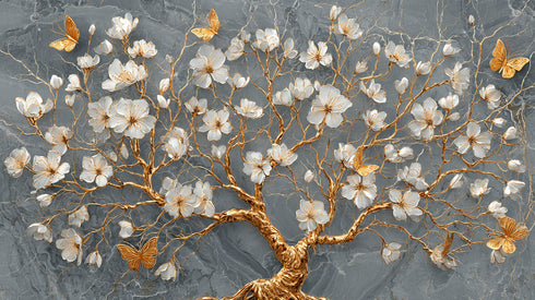 Gri Mermer Zeminli Altın Dallı Beyaz Çiçekli Ağaç Tablosu Kelebekli Lüks Modern Kanvas Duvar Dekoru Salon İçin Şık Tasarım