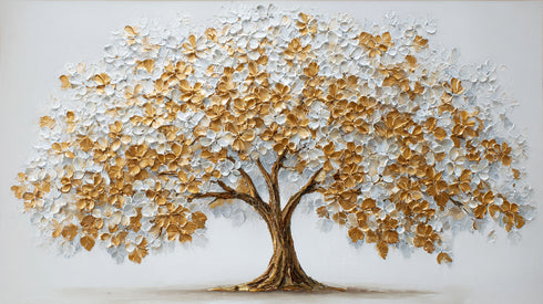 Altın ve Beyaz Çiçekli Hayat Ağacı Tablosu Kabartmalı Lüks Modern Kanvas Duvar Dekoru Salon Yatak Odası İçin Büyük Boy Tasarım