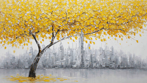Sarı Yapraklı Ağaç ve Gri Şehir Manzarası Tablosu Modern Soyut Kanvas Duvar Dekoru Salon Ofis İçin Büyük Boy Tas