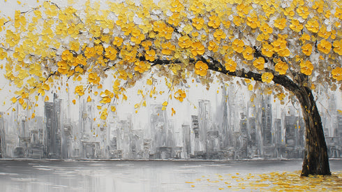 Sarı Çiçekli Ağaç ve Gri Şehir Silüeti Tablosu Modern Soyut Kanvas Duvar Dekoru Salon Ofis İçin Büyük Boy Şık Tasarım