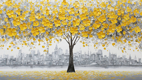 Sarı Çiçekli Ağaç ve Gri Şehir Silüeti Tablosu Modern Soyut Kanvas Duvar Dekoru Salon Ofis İçin Büyük Boy Şık Tasarım