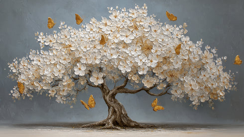 Beyaz Çiçekli Ağaç ve Altın Kelebekler Kanvas Tablo, Modern Çiçekli Duvar Dekoru, Salon ve Ofis için Şık Dekoratif Baskı Ev Hediyesi