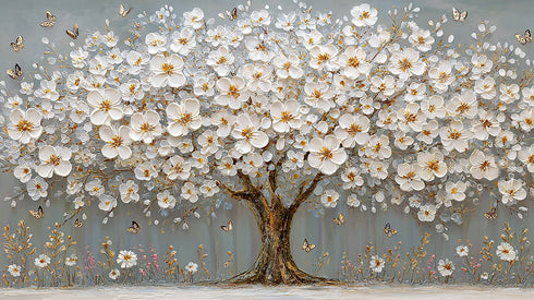 Beyaz Çiçekli Ağaç Kanvas Tablo Altın Detaylı Kelebekli Duvar Dekoru, Modern Dokulu Salon Yatak Odası Büyük Boy Tablo