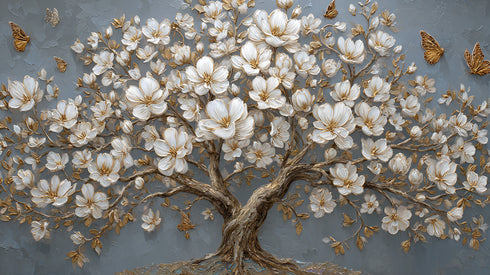 Altın Detaylı Beyaz Çiçekli Ağaç Tablosu Kelebekli Modern Kanvas Duvar Dekoru, Dokulu Salon Yatak Odası Büyük Boy Tablo