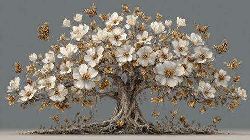 Altın Yapraklı Beyaz Çiçekli Ağaç Tablosu Kelebekli Lüks Kanvas Duvar Dekoru, Modern Dokulu Salon Yatak Odası Tablo