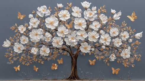 Beyaz Çiçekli Ağaç Tablosu Altın Yapraklı Kelebekli Kanvas Duvar Dekoru, Modern Dokulu Salon Yatak Odası Tablo