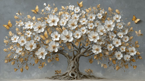 Altın Yapraklı Beyaz Çiçekli Ağaç Tablosu Kelebekli Lüks Kanvas Duvar Dekoru, Modern Dokulu Salon Yatak Odası Tablo