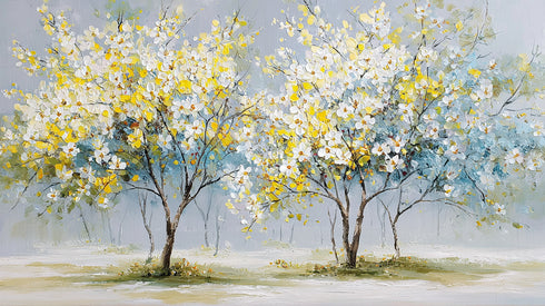 Sarı Beyaz Çiçekli Ağaç Tablosu Modern Soyut Kanvas Duvar Dekoru, Salon Yatak Odası İçin Büyük Boy Manzara Tablo