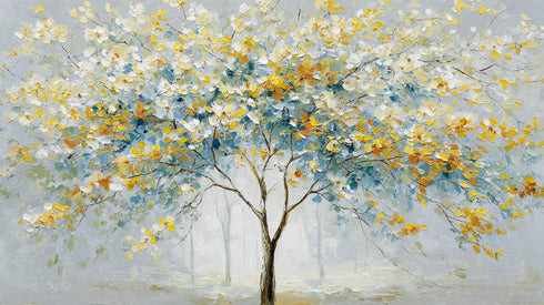 Modern Soyut Ağaç Tablosu Mavi Sarı Yapraklı Kanvas Duvar Dekoru, Salon Yatak Odası Büyük Boy Sanatsal Tablo