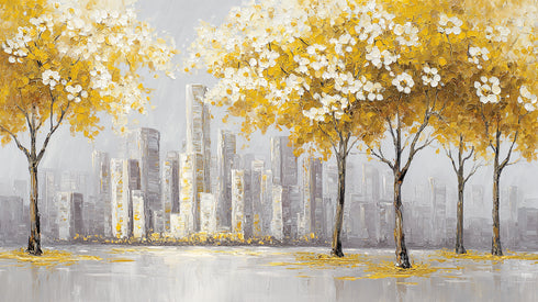 Sarı Yapraklı Ağaç ve Şehir Manzarası Tablosu Modern Soyut Kanvas Duvar Dekoru, Salon Ofis İçin Büyük Boy Tablo